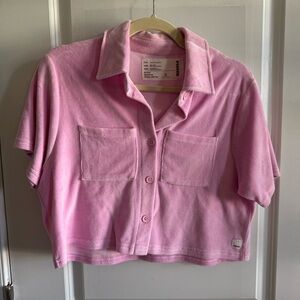 RSQ | Pink Terry Short Sleeve Button-Up Crop Blouse Medium